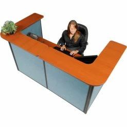 Interion By Global Industrial Interion® U-Shaped Reception Station, 88" W x 44"D x 44"H, Cherry Counter, Blue Panel