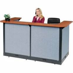 Interion By Global Industrial Interion® U-Shaped Electric Reception Station, 88"W x 44"D x 46"H, Cherry Counter, Blue Panel