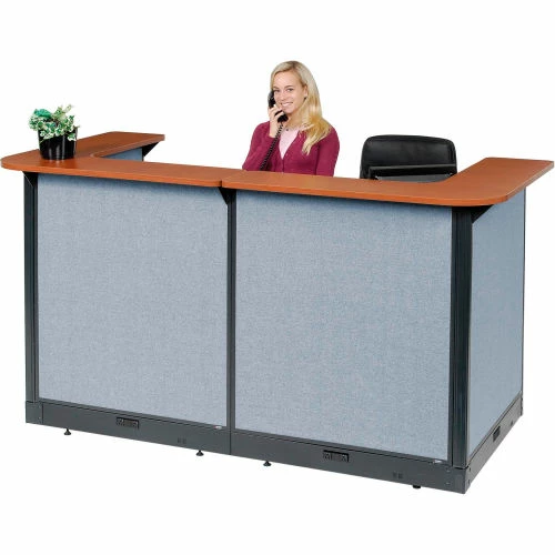Interion By Global Industrial Interion® U-Shaped Electric Reception Station, 88"W x 44"D x 46"H, Cherry Counter, Blue Panel