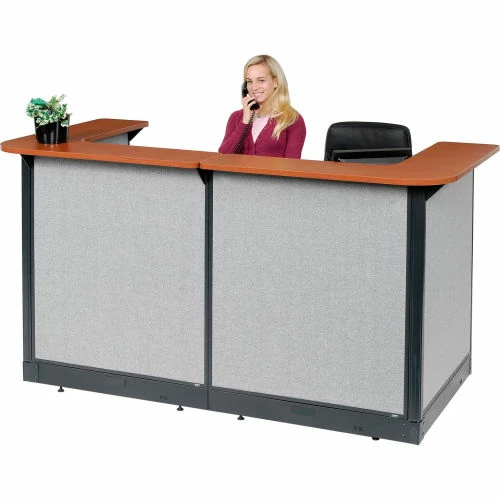 Interion By Global Industrial Interion® U-Shaped Reception Station w/Raceway 88"W x 44"D x 46"H Cherry Counter Gray Panel