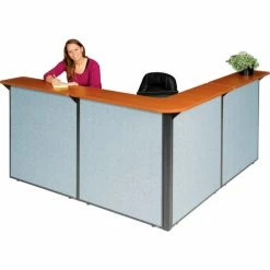 Interion By Global Industrial Interion® L-Shaped Reception Station, 80"W x 80"D x 44"H, Cherry Counter, Blue Panel