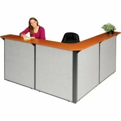 Interion By Global Industrial Interion® L-Shaped Reception Station, 80"W x 80"D x 44"H, Cherry Counter, Gray Panel