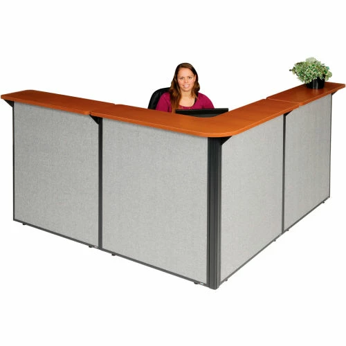 Interion By Global Industrial Interion® L-Shaped Reception Station, 80"W x 80"D x 44"H, Cherry Counter, Gray Panel - Image 2
