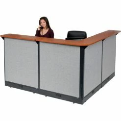 Interion By Global Industrial Interion® L-Shaped Electric Reception Station, 80"W x 80"D x 46"H, Cherry Counter Gray Panel
