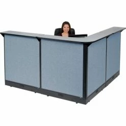 Interion By Global Industrial Interion® L-Shaped Electric Reception Station, 80"W x 80"D x 46"H, Gray Counter, Blue Panel