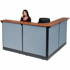 Interion By Global Industrial Interion® L-Shaped Reception Station w/Raceway 80"W x 80"D x 46"H Cherry Counter Blue Panel