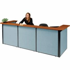 Interion By Global Industrial Interion® U-Shaped Reception Station With Cherry Counter & Blue Paneling, 124"W x 44"D x 44"H