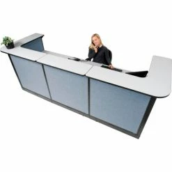 Interion By Global Industrial Interion® U-Shaped Electric Reception Station, 124"W x 44"D x 46"H, Gray Counter, Blue Panel