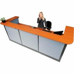 Interion By Global Industrial Interion® U-Shaped Reception Station w/Raceway 124"W x 44"D x 46"H Cherry Counter Blue Panel