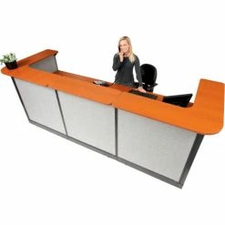 Interion By Global Industrial Interion® U-Shaped Reception Station w/Raceway 124"W x 44"D x 46"H Cherry Counter Gray Panel