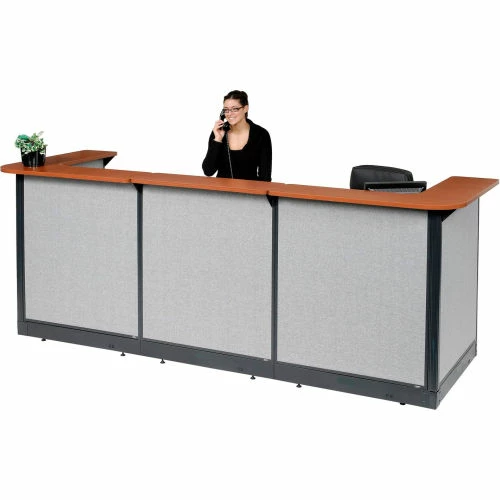 Interion By Global Industrial Interion® U-Shaped Reception Station w/Raceway 124"W x 44"D x 46"H Cherry Counter Gray Panel - Image 3