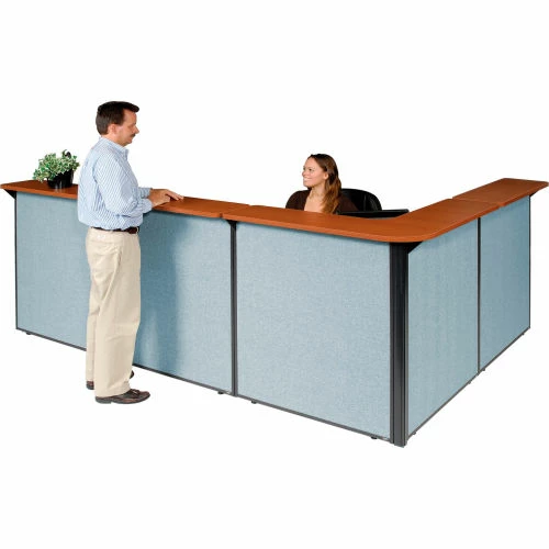 Interion By Global Industrial Interion® L-Shaped Reception Station, 116"W x 80"D x 44"H, Cherry Counter, Blue Panel - Image 2