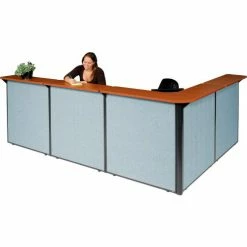Interion By Global Industrial Interion® L-Shaped Reception Station, 116"W x 80"D x 44"H, Cherry Counter, Blue Panel