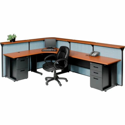 Interion By Global Industrial Interion® L-Shaped Reception Station, 116"W x 80"D x 44"H, Cherry Counter, Blue Panel - Image 4