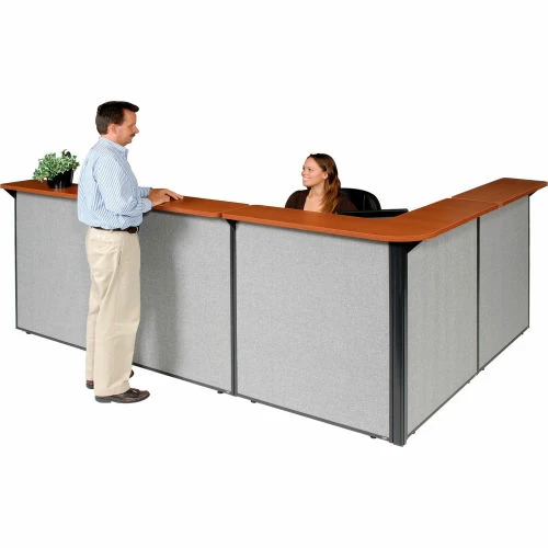 Interion By Global Industrial Interion® L-Shaped Reception Station, 116"W x 80"D x 44"H, Cherry Counter, Gray Panel - Image 2
