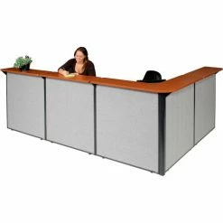 Interion By Global Industrial Interion® L-Shaped Reception Station, 116"W x 80"D x 44"H, Cherry Counter, Gray Panel