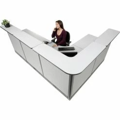 Interion By Global Industrial Interion® L-Shaped Electric Reception Station, 116"W x 80"D x 46"H, Gray Counter, Gray Panel