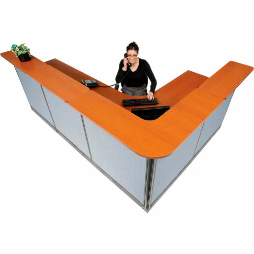 Interion By Global Industrial Interion® L-Shaped Reception Station w/Raceway 116"W x 80"D x 46"H Cherry Counter Blue Panel
