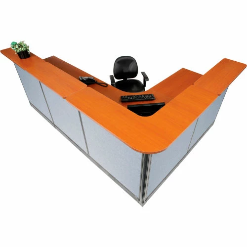 Interion By Global Industrial Interion® L-Shaped Reception Station w/Raceway 116"W x 80"D x 46"H Cherry Counter Blue Panel - Image 2