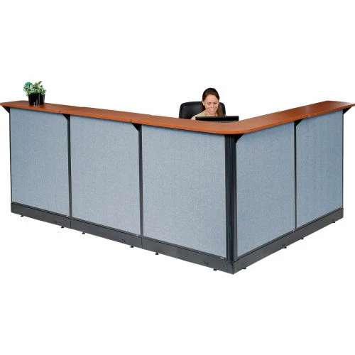 Interion By Global Industrial Interion® L-Shaped Reception Station w/Raceway 116"W x 80"D x 46"H Cherry Counter Blue Panel - Image 3