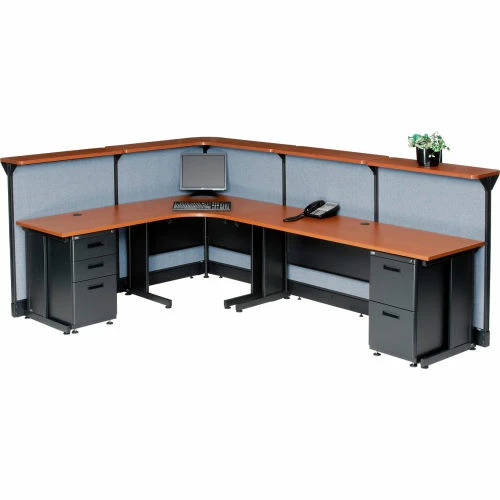 Interion By Global Industrial Interion® L-Shaped Reception Station w/Raceway 116"W x 80"D x 46"H Cherry Counter Blue Panel - Image 4