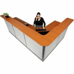 Interion By Global Industrial Interion® L-Shaped Reception Station w/Raceway 116"W x 80"D x 46"H Cherry Counter Gray Panel