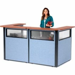 Interion By Global Industrial Interion® U-Shaped Reception Station w/Window 88" W x 44"D x 44"H Cherry Counter Blue Panel