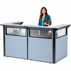 Interion By Global Industrial Interion® U-Shaped Reception Station with Window, 88" W x 44"D x 44"H, Gray counter, Blue Panel