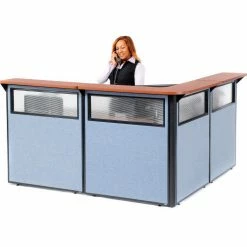 Interion By Global Industrial Interion® L-Shaped Reception Station w/Window 80"W x 80"D x 44"H Cherry Counter Blue Panel