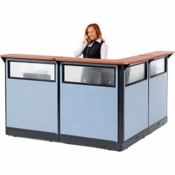 Interion By Global Industrial Interion® L-Shaped Reception Station w/Window & Raceway 80"W x 80"D x 46"H Cherry Counter Blue