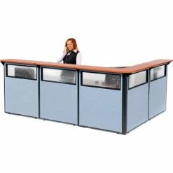 Interion By Global Industrial Interion® L-Shaped Reception Station w/Window 116"W x 80"D x 44"H Cherry Counter Blue Panel