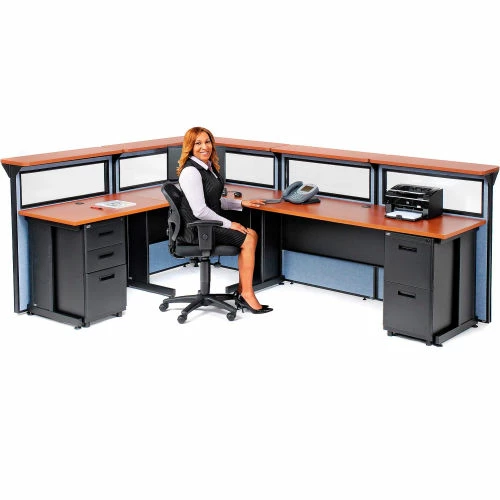 Interion By Global Industrial Interion® L-Shaped Reception Station w/Window 116"W x 80"D x 44"H Cherry Counter Blue Panel - Image 2
