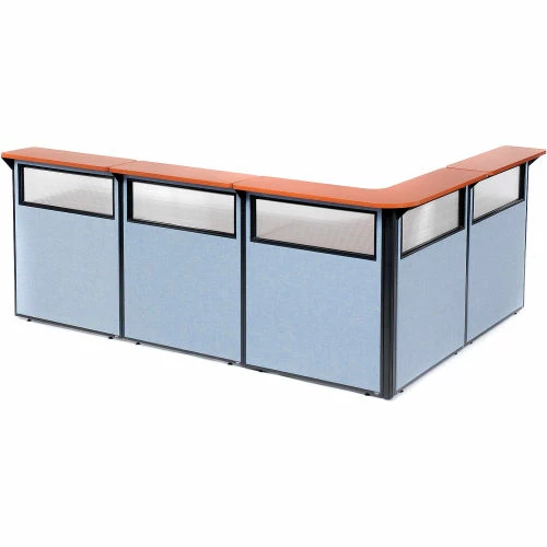 Interion By Global Industrial Interion® L-Shaped Reception Station w/Window 116"W x 80"D x 44"H Cherry Counter Blue Panel - Image 3