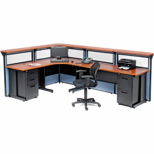 Interion By Global Industrial Interion® L-Shaped Reception Station w/Window 116"W x 80"D x 44"H Cherry Counter Blue Panel - Image 6