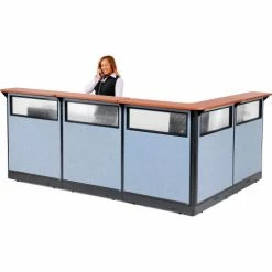 Interion By Global Industrial Interion® L-Shaped Reception Station w/Window & Raceway 116"W x 80"D x 46"H Cherry Counter Blue