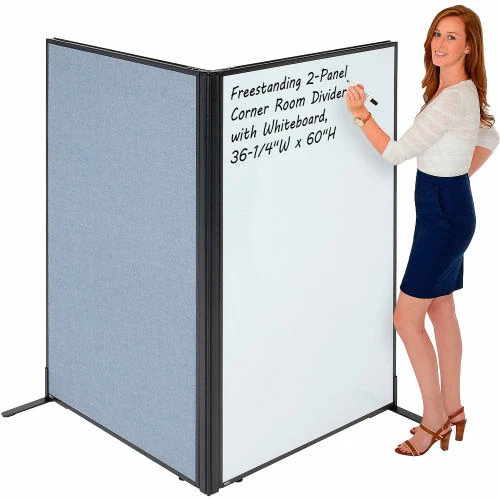 Interion By Global Industrial Interion® Freestanding 2-Panel Corner Room Divider with Whiteboard, 36-1/4"W x 60"H, Blue