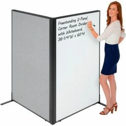 Interion By Global Industrial Interion® Freestanding 2-Panel Corner Room Divider with Whiteboard, 36-1/4"W x 60"H, Gray