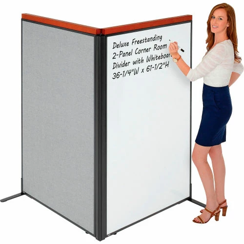 Interion By Global Industrial Interion® Deluxe Freestanding 2-Panel Corner Room Divider w/Whiteboard 36-1/4"W x 61-1/2"H Gray