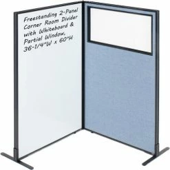 Interion By Global Industrial Interion® 2-Panel Corner Room Divider with Whiteboard & Partial Window, 36-1/4"W x 60"H, Blue