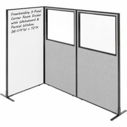 Interion By Global Industrial Interion® 3-Panel Corner Room Divider with Whiteboard & Partial Window, 36-1/4"W x 72"H, Gray