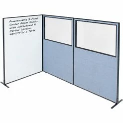 Interion By Global Industrial Interion® 3-Panel Corner Room Divider with Whiteboard & Partial Window, 48-1/4"W x 72"H, Blue