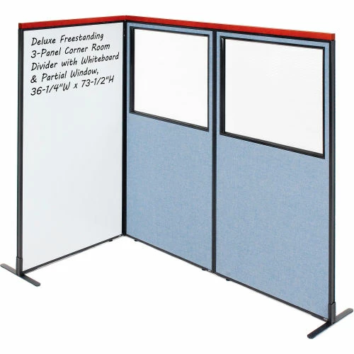 Interion By Global Industrial Interion® Deluxe Freestanding 3-Panel Corner w/Whiteboard & Partial Window 36-1/4Wx73-1/2H Blue